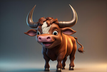  A 3D animated cartoon render of a smiling cartoon Cute bull cartoon character 3D Rendered on Gray  background.