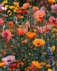 A vibrant field of colorful wildflowers in full bloom, showcasing various shades of orange, pink, and purple, swaying gently in the breeze.