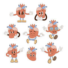 Obraz premium Retro groovy funny cartoon heart clip art set. Human organ anatomy medical illustration.
