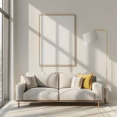 A mockup of an empty poster frame on the wall in front, in a white modern living room with a sofa and floor lamp, beige walls