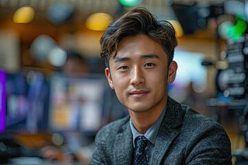Fototapeta premium young male Chinese TV presenter sitting in a news studio