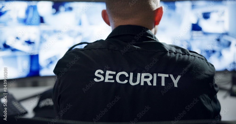 Poster security guard, computer screen and watch by cctv monitor for protection, data center or building sa