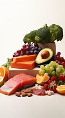 A colorful assortment of healthy foods including fish, vegetables, fruits, nuts, and cheese displayed on a white background for balanced diet concept.