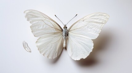 Obraz premium A white butterfly displaying its wings against a white backdrop