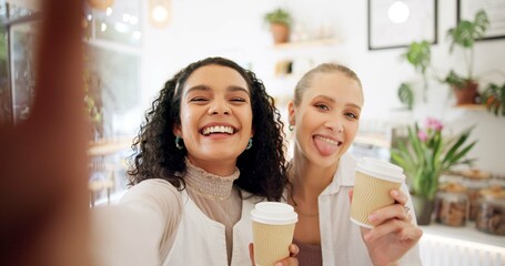 Women, friends and smile with coffee for selfie, social media or post on Internet for memories....