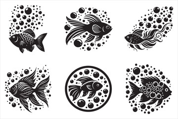 Bubbles fish silhouette vector illustration set