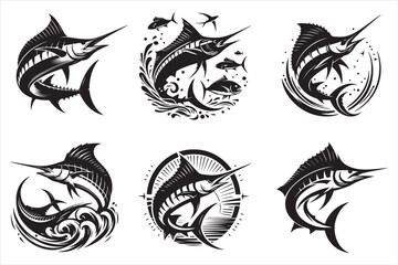 Marlin fish silhouette vector illustration set 