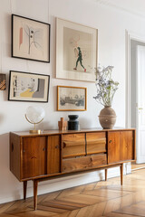 A mid-century modern oak sideboard with framed wall art on the walls, neutral tones, minimalist decor, wood floor, living room in an apartment, and natural light. 