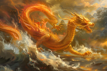 Fototapeta premium The Asian golden dragon flies