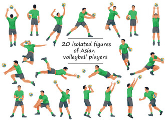 Vector figures of Asian volleyball team players in green T-shirts in various poses training, running, jumping, throwing, hitting the ball