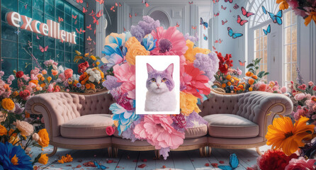 The background is filled with vibrant, colorful flowers, and a glass wall displays the word "EXCELLENT" in large, bold letters.