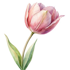 Fototapeta premium Watercolor tulip flower illustration in soft pink shades with green leaves, perfect for spring and floral themes. Isolated on transparent background, png.