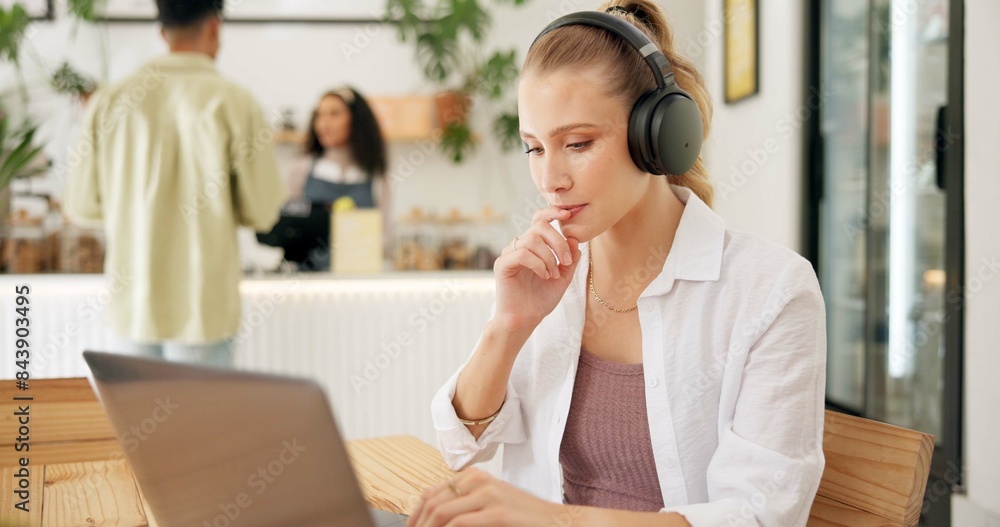 Sticker Laptop, cafe and woman with remote work, thinking and headphones for social media blog post. Idea, music and website update of a web designer working at a restaurant and coffee shop with tech