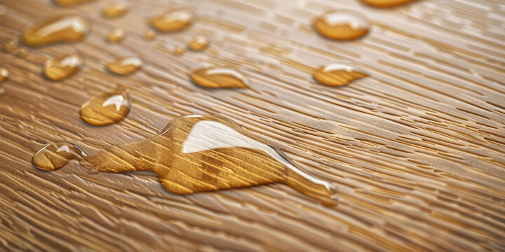 Naturally oak laminate plank with water droplets coated with oleophobic composition closeup. Protective wood compound background.