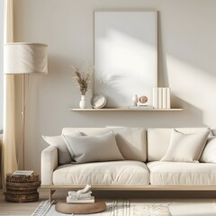 A simple white poster mockup in an elegant living room with a cream sofa, a floor lamp and decorative accessories on the shelf above it