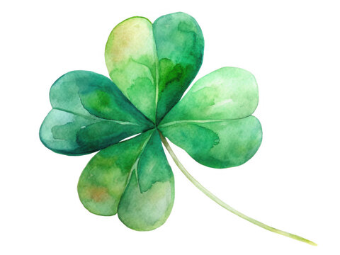 Watercolor green four leaf clover illustration featuring vibrant shades of green, symbolizing luck and good fortune. Perfect for decorative or festive design. Isolated on transparent background, png.