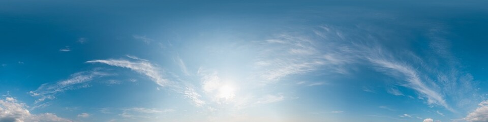 Sky 360 panorama - Bright blue sky filled with fluffy white Cirrus clouds. Seamless hdr spherical 360 panorama. Sky dome sky replacement for aerial drone 360 panoramas. Weather and climate change