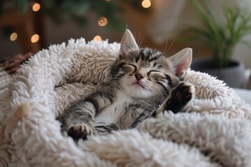 Naklejka premium A Tabby Kitten Sleeping Soundly in a Soft Blanket