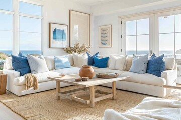 Bright and airy coastal living room with light blue accents, featuring an L-shaped sofa in natural wood tones