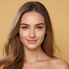 Naklejka premium Pretty european beauty woman long hair with makeup glowing face and healthy facial skin portrait smile on isolated light yellow background