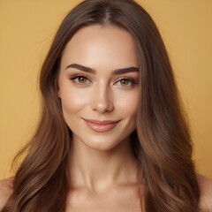 Fototapeta premium Pretty european beauty woman long hair with makeup glowing face and healthy facial skin portrait smile on isolated light yellow background