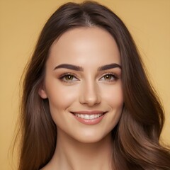 Obraz premium Pretty european beauty woman long hair with makeup glowing face and healthy facial skin portrait smile on isolated light yellow background