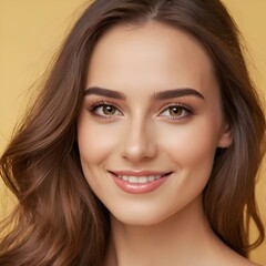 Fototapeta premium Pretty european beauty woman long hair with makeup glowing face and healthy facial skin portrait smile on isolated light yellow background