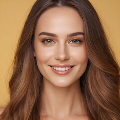 Obraz premium Pretty european beauty woman long hair with makeup glowing face and healthy facial skin portrait smile on isolated light yellow background