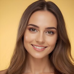 Obraz premium Pretty european beauty woman long hair with makeup glowing face and healthy facial skin portrait smile on isolated light yellow background