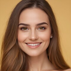 Fototapeta premium Pretty european beauty woman long hair with makeup glowing face and healthy facial skin portrait smile on isolated light yellow background