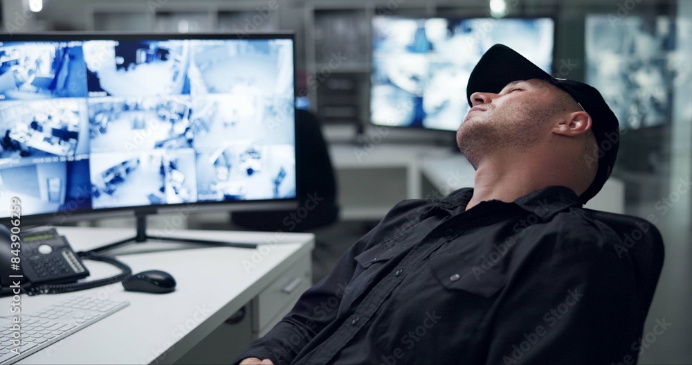 Poster security guard, computer screen and tired by cctv monitor for protection, data center or building sa