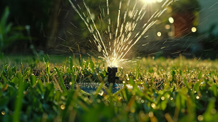 close up of a garden sprinkler spraying water onto grass and small flower