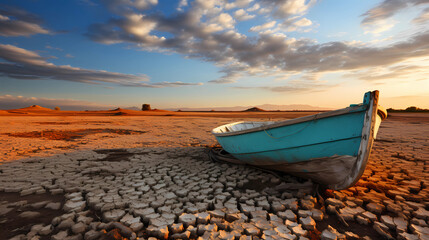 Abandoned boat in a dry river.