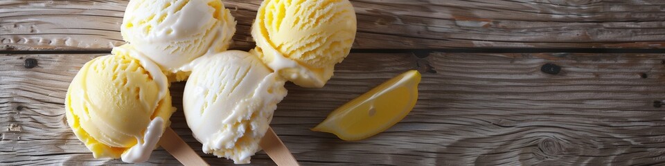 Minimalist summer ice cream with yellow lemon scoops on a stick, providing plenty of copy space for text