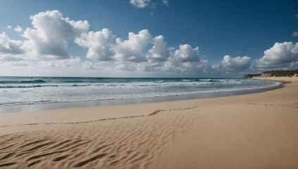 Obraz premium Scenic view of a deserted sandy beach with gentle waves of the sea receding into the distance, the sky is decorated with scattered white clouds creating a contrast with the blue color of the sky
