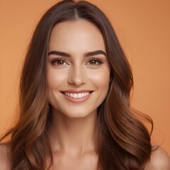 Fototapeta premium Pretty european beauty woman long hair with makeup glowing face and healthy facial skin portrait smile on isolated light orange background