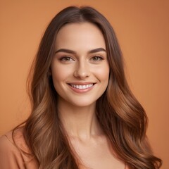 Fototapeta premium Pretty european beauty woman long hair with makeup glowing face and healthy facial skin portrait smile on isolated light orange background
