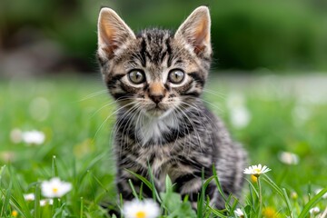 Tabby Kitten Sitting in Green Grass With White Flowers