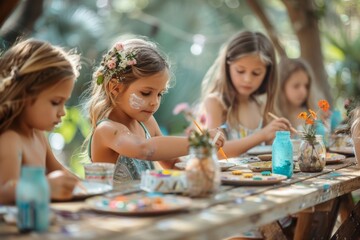 Fototapeta premium Kids Painting and Crafting Outdoors