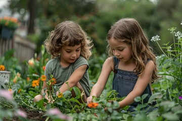 Young Girls Planting Flowers in a Garden