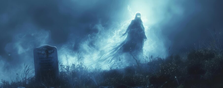 halloween graveyard ghost A ghostly figure hovering above a tombstone