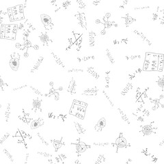 Mathematical scientific formulas and expressions. Educational, school and university background. Seamless pattern. Hand-drawn vector on white.