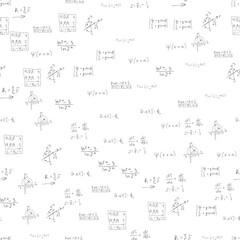 Mathematical scientific formulas and expressions. Educational, school and university background. Seamless pattern. Hand-drawn vector on white.