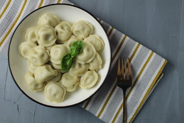 Serving dinner with pelmeni in a bowl with a fork and napkin view from above. The concept of delicious simple national food
