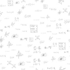 Mathematical scientific formulas and expressions. Educational, school and university background. Seamless pattern. Hand-drawn vector on white.