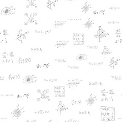 Mathematical scientific formulas and expressions. Educational, school and university background. Seamless pattern. Hand-drawn vector on white.