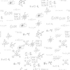 Mathematical scientific formulas and expressions. Educational, school and university background. Seamless pattern. Hand-drawn vector on white.