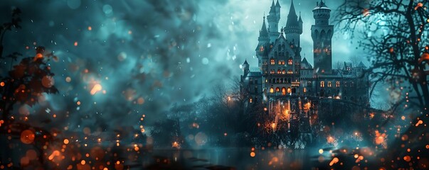 Haunted Castle Focus on a spooky castle with eerie lights, with a dark, stormy background, empty space right for text
