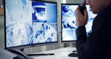 Male security guard, radio and speaking by cctv monitor for protection, data center or building...