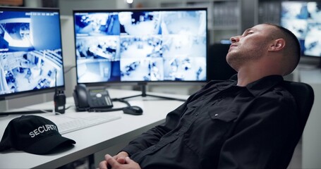 Security guard, computer screen and tired by cctv monitor for protection, data center or building...